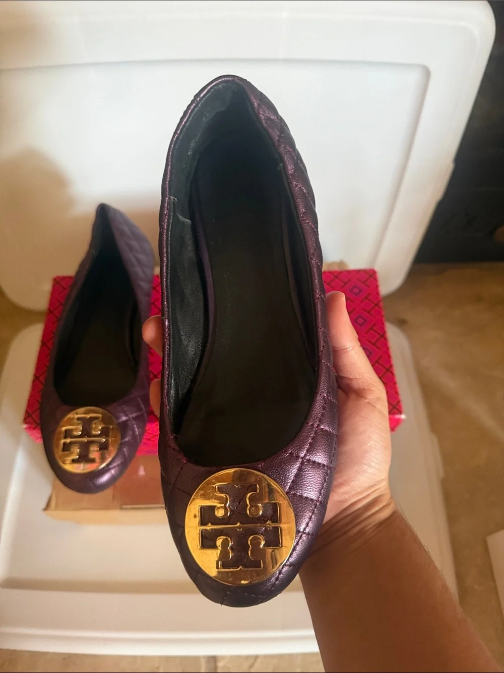 Tory Burch Metallic Plum Quilted Logo Ballet Flats